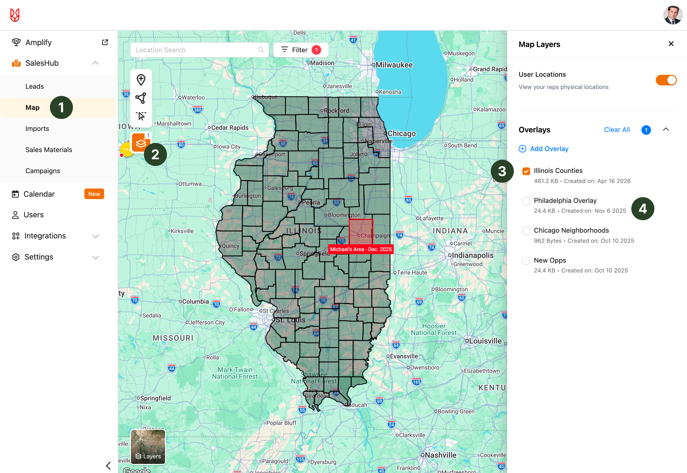 SalesRabbit+ desktop SalesHub: map with Map Layers panel, Illinois counties overlay, territory on the map, and numbered design callouts.